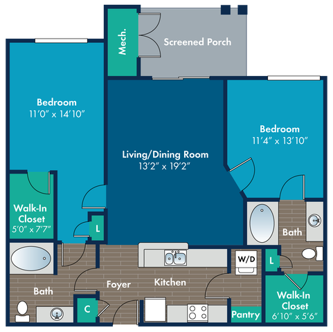 Modern 2D apartment floor plan showcasing 2 spacious bedrooms, dual walk-in closets, open living/dining area, stylish kitchen, two baths, and a cozy screened porch.