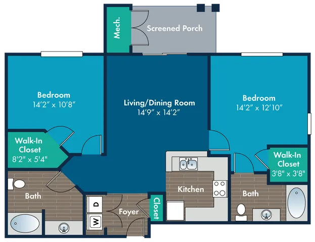 Charming floor plan showcasing 2 spacious bedrooms, open living and dining area, functional kitchen, and inviting screened porch.