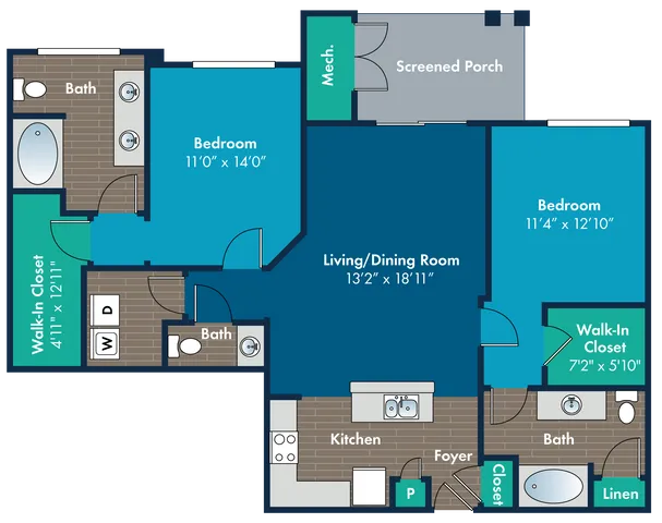 Inviting floor plan showcasing two spacious bedrooms, open living/dining area, modern kitchen, walk-in closets, and screened porch.