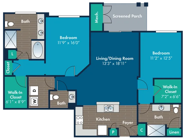 Modern apartment floor plan with 2 spacious bedrooms, an inviting living/dining room, functional kitchen, and screened porch. Includes two baths, ample walk-in closets, and a convenient laundry area.