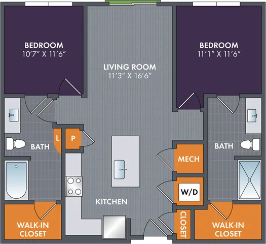 2D floor plan of the Platinum two-bedroom, two-bath apartment at Abberly Foundry by HHHunt in Nashville, TN, showing the apartment layout, living areas, kitchen, bedrooms, bathrooms, and storage.