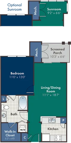 Inviting floor plan featuring a bedroom, living/dining room, modern kitchen, spacious bath, walk-in closet, and optional sunroom with screened porch.