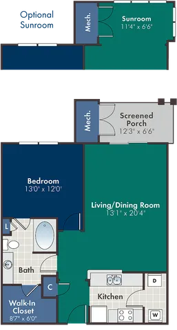 Charming apartment floor plan featuring a spacious sunroom, screened porch, large bedroom, and an open living/dining area. Includes a walk-in closet, modern kitchen, and luxurious bath.