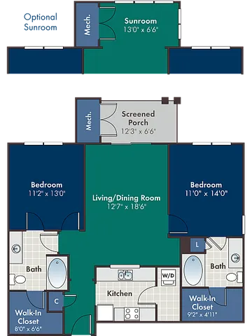 Modern floor plan featuring 2 bedrooms, open-concept living/dining area, optional sunroom, and spacious kitchen. Includes walk-in closets and screened porch for added luxury.