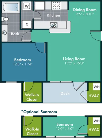 2D floor plan of the Biltmore one-bedroom, one-bath apartment at Abberly Grove by HHHunt in Raleigh, NC, showing the apartment layout, living area, kitchen, bedroom, bathroom, and storage.