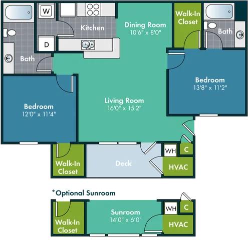 2D floor plan of the Crabtree two-bedroom, two-bath apartment at Abberly Grove by HHHunt in Raleigh, NC, showing the apartment layout, living areas, kitchen, bedrooms, bathrooms, and storage.