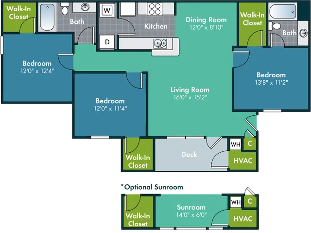 2D floor plan of the Hatteras two-bedroom, two-bath apartment at Abberly Grove by HHHunt in Raleigh, NC, showing the apartment layout, living areas, kitchen, bedrooms, bathrooms, and storage.