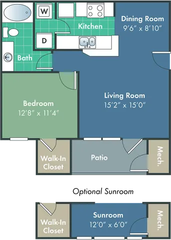 Contemporary floor plan showcasing a spacious 1-bedroom apartment with a sunroom, large living area, dining room, and modern kitchen with laundry space. Includes patio access and ample storage with walk-in closets.