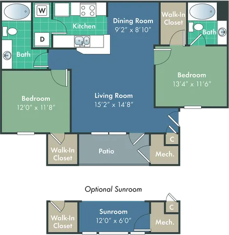 Elegant floor plan featuring 2 spacious bedrooms, airy living room, modern kitchen, cozy sunroom, and inviting patio.
