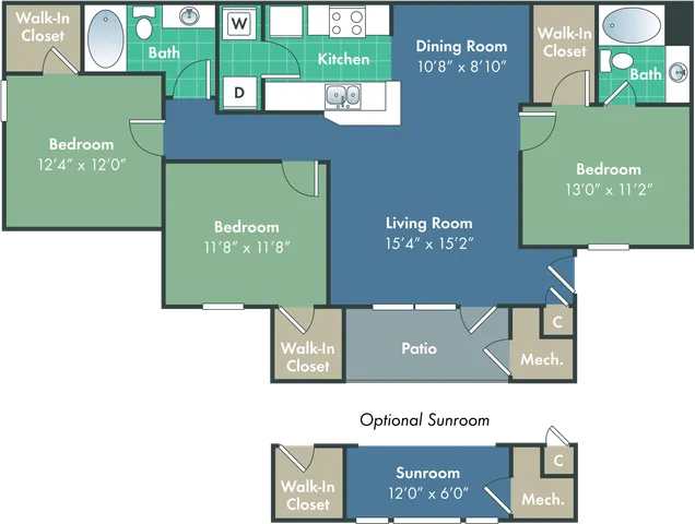 Inviting floor plan featuring 3 spacious bedrooms, 2 full baths, a modern kitchen, open-concept living and dining area, sunroom, and expansive patio with multiple walk-in closets.