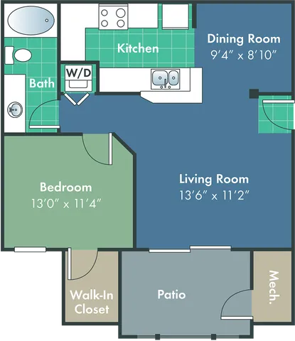 Charming floor plan featuring a spacious bedroom, cozy living room, modern kitchen, and a private patio for relaxation.