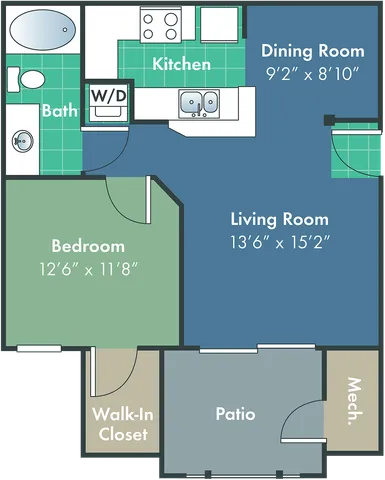 Inviting floor plan featuring a spacious living room, large bedroom with walk-in closet, modern kitchen, cozy dining area, and private patio.