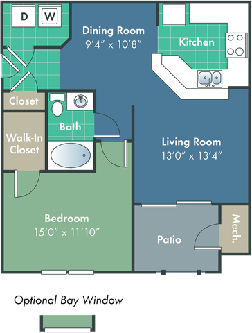 Modern floor plan featuring a spacious bedroom, inviting living room, functional kitchen, dining area, and a relaxing patio.