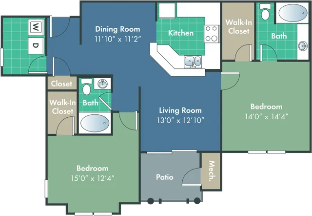 Elegant floor plan showcasing two spacious bedrooms, an open living room, and a dining area with a patio. Features a modern kitchen and two bathrooms with walk-in closets.