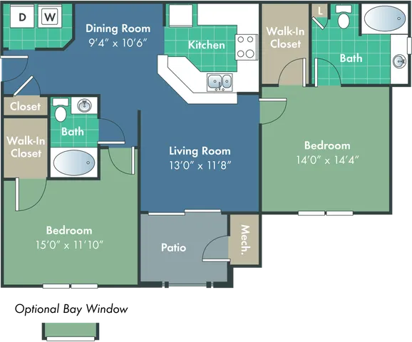 Modern 2-bedroom floor plan featuring spacious living room, dining area, kitchen, two baths, walk-in closets, and a cozy patio.