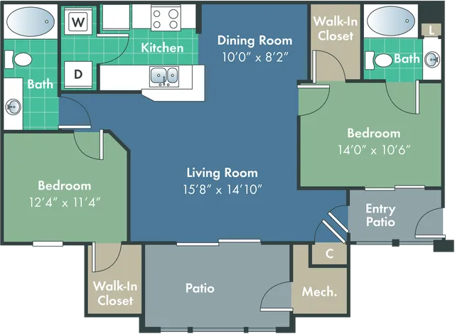 Inviting floor plan highlighting 2 spacious bedrooms, a cozy living room, and a modern kitchen with dining area, including two baths, walk-in closets, and a charming patio.