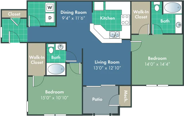 Charming floor plan featuring two spacious bedrooms, a modern kitchen, open living room, and a cozy patio area, ideal for comfortable living.