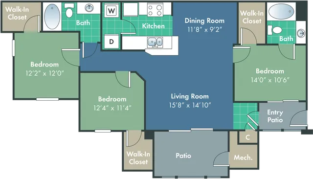 Charming 3-bedroom apartment floor plan with spacious living room, modern kitchen, and inviting patio area.