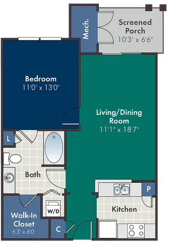 Inviting floor plan featuring a spacious 1-bedroom layout, open living and dining room, modern kitchen, screened porch, and optional sunroom.