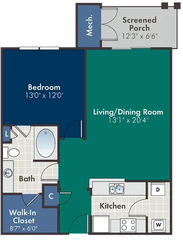 Chic apartment floor plan showcasing a spacious 1-bedroom layout with optional sunroom, screened porch, and modern kitchen. Features include a large living/dining area and a walk-in closet.