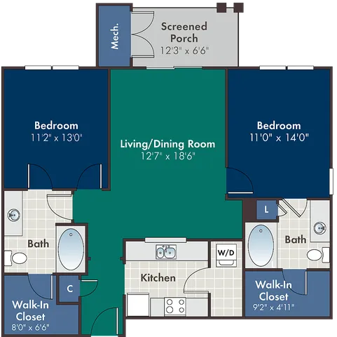 Elegant floor plan showcasing two spacious bedrooms, a large living/dining area, modern kitchen, walk-in closets, and an optional sunroom with screened porch.