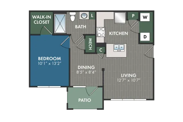 Atherton one-bedroom, one-bathroom apartment floor plan featuring an open-concept living and dining area, kitchen with island, walk-in closet, in-home washer and dryer, and private patio.