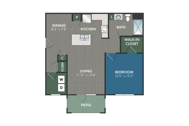 Battery one-bedroom, one-bathroom apartment floor plan featuring an open living and dining area, kitchen with island, walk-in closet, in-home washer and dryer, and private patio.