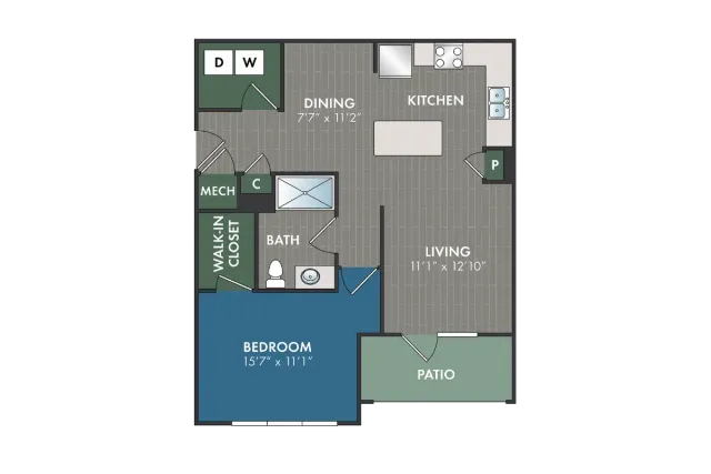 Beacon Hill one-bedroom, one-bathroom apartment floor plan featuring an open-concept kitchen and living area, spacious bedroom with walk-in closet, in-home washer and dryer, and private patio