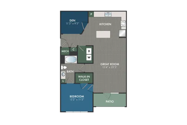 Beverly one-bedroom, one-bathroom apartment floor plan featuring a large bedroom, walk-in closet, open kitchen and living area, in-home washer and dryer, and private patio.