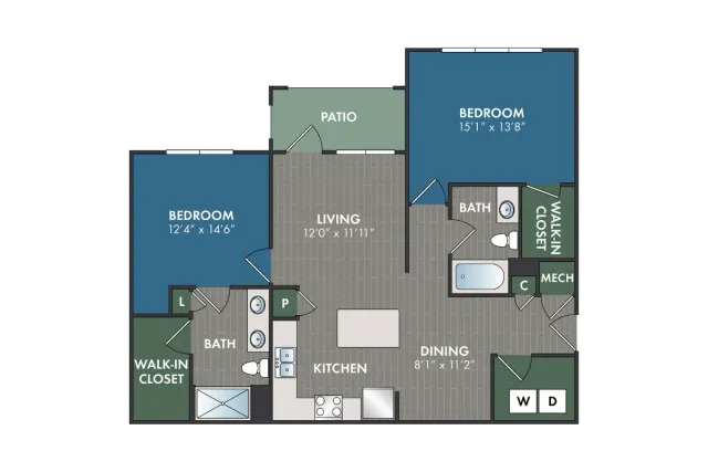 Buckhead two-bedroom, two-bathroom apartment floor plan featuring dual primary-style bedrooms with walk-in closets, open living and dining area, kitchen with island, in-home washer and dryer, and private patio.