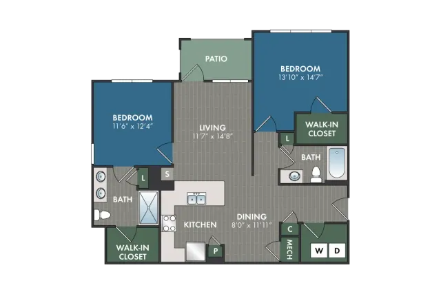 Esher two-bedroom, two-bathroom apartment floor plan featuring split-bedroom design, walk-in closets, open kitchen and dining area, in-home washer and dryer, and private patio.