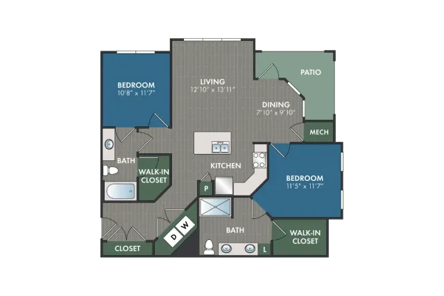 Kensington two-bedroom, two-bathroom apartment floor plan featuring split bedrooms with walk-in closets, open kitchen with island, spacious living and dining area, in-home washer and dryer, and private patio.