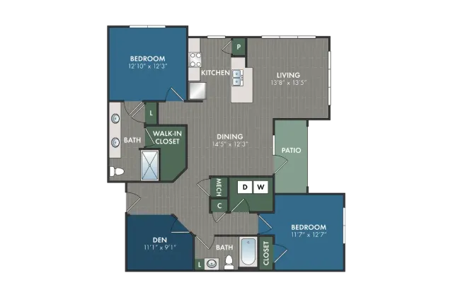 Medina two-bedroom plus den, two-bathroom apartment floor plan featuring an open living and dining area, dedicated den, walk-in closets, in-home washer and dryer, and private patio.