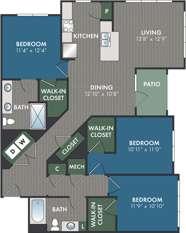 Modern 3-bedroom apartment floor plan featuring open kitchen, spacious living area, and cozy patio, complete with walk-in closets and two well-appointed baths.