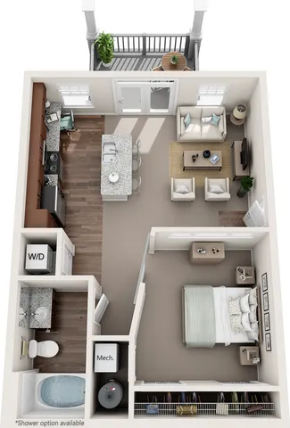 2D and 3D floor plan of the Annandale one-bedroom, one-bath apartment at Abberly Avera by HHHunt in Manassas, VA, showing the apartment layout, living area, kitchen, bedroom, bathroom, and storage.