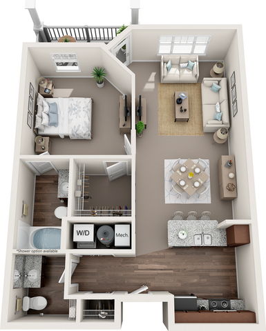 2D and 3D floor plan of the Buckton one-bedroom, one-and-a-half bath apartment at Abberly Avera by HHHunt in Manassas, VA, showing the apartment layout, living area, kitchen, bedroom, bathroom, and storage.