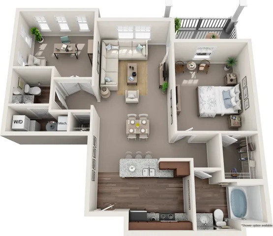 2D and 3D floor plan of the Edinburg one-bedroom, one-and-a-half bath apartment at Abberly Avera by HHHunt in Manassas, VA, showing the apartment layout, living area, kitchen, bedroom, bathroom, and storage.