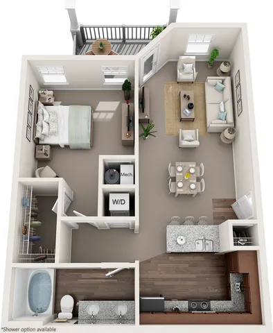 2D and 3D floor plan of the Fairfax one-bedroom, one-bath apartment at Abberly Avera by HHHunt in Manassas, VA, showing the apartment layout, living area, kitchen, bedroom, bathroom, and storage.