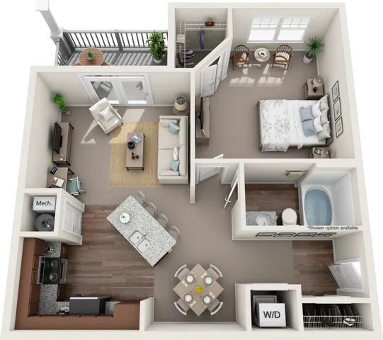 2D and 3D floor plan of the Gainesville one-bedroom, one-bath apartment at Abberly Avera by HHHunt in Manassas, VA, showing the apartment layout, living area, kitchen, bedroom, bathroom, and storage.