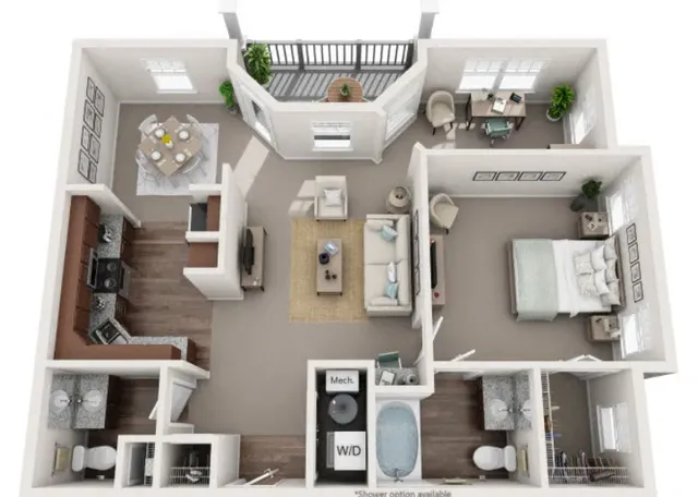 2D and 3D floor plan of the Linden one-bedroom, one-and-a-half bath apartment at Abberly Avera by HHHunt in Manassas, VA, showing the apartment layout, living area, kitchen, bedroom, bathroom, and storage.