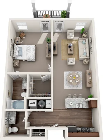 2D and 3D floor plan of the Markham one-bedroom, one-and-a-half bath apartment at Abberly Avera by HHHunt in Manassas, VA, showing the apartment layout, living area, kitchen, bedroom, bathroom, and storage.