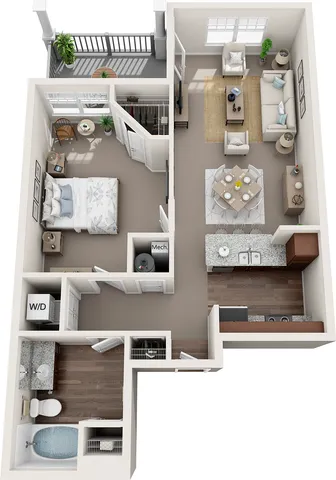 2D and 3D floor plan of the Piedmont one-bedroom, one-bath apartment at Abberly Avera by HHHunt in Manassas, VA, showing the apartment layout, living area, kitchen, bedroom, bathroom, and storage.