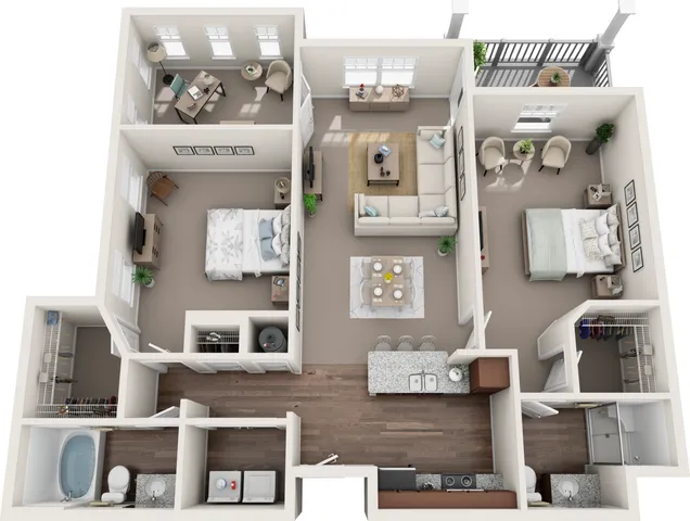 2D and 3D floor plan of the Royal two-bedroom, two-bath apartment at Abberly Avera by HHHunt in Manassas, VA, showing the apartment layout, living areas, kitchen, bedrooms, bathrooms, and storage.