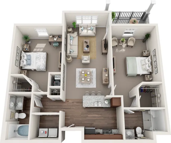 2D and 3D floor plan of the Riverton two-bedroom, two-bath apartment at Abberly Avera by HHHunt in Manassas, VA, showing the apartment layout, living areas, kitchen, bedrooms, bathrooms, and storage.