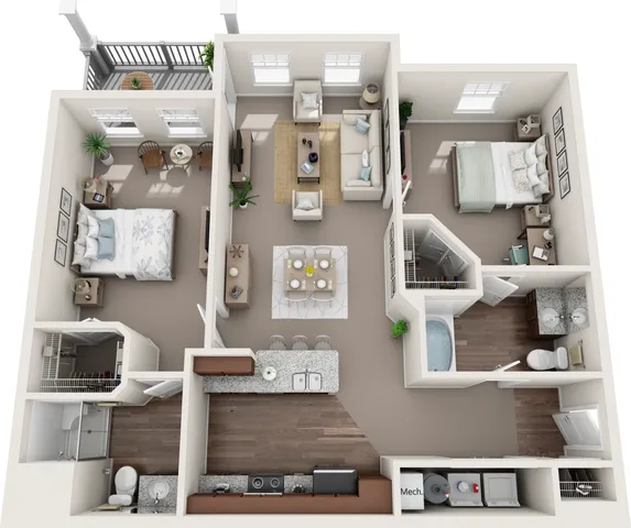 2D and 3D floor plan of the Staunton two-bedroom, two-bath apartment at Abberly Avera by HHHunt in Manassas, VA, showing the apartment layout, living areas, kitchen, bedrooms, bathrooms, and storage.