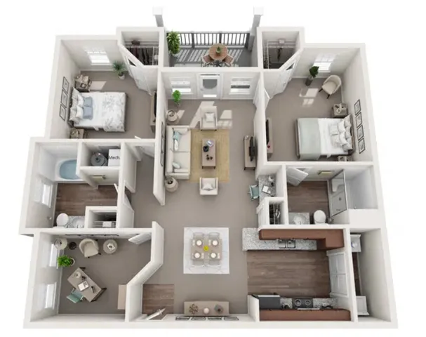 2D and 3D floor plan of the Strasburg two-bedroom, two-bath apartment at Abberly Avera by HHHunt in Manassas, VA, showing the apartment layout, living areas, kitchen, bedrooms, bathrooms, and storage.