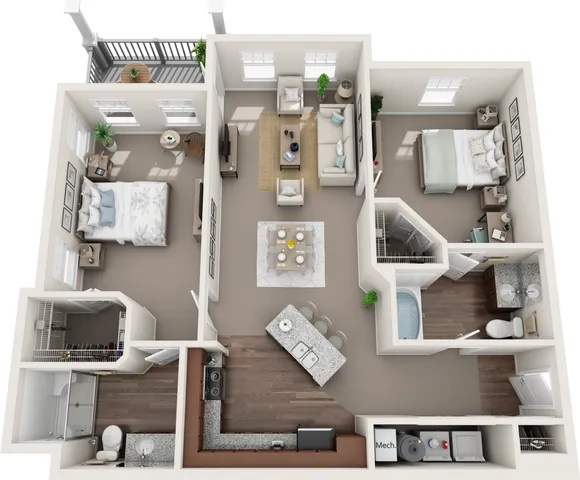 2D and 3D floor plan of the Woodstock two-bedroom, two-bath apartment at Abberly Avera by HHHunt in Manassas, VA, showing the apartment layout, living areas, kitchen, bedrooms, bathrooms, and storage.