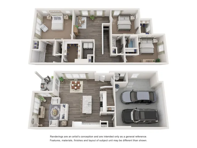 2D and 3D floor plan of the Willow three-bedroom, two-and-a-half bath townhome at Abberly Alston by HHHunt in Cary, NC, showing the multi-level layout, living areas, kitchen, bedrooms, bathrooms, and storage.