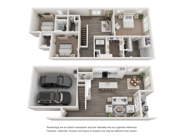 2D and 3D floor plan of the Tamarack three-bedroom, two-and-a-half bath townhome at Abberly Alston by HHHunt in Cary, NC, showing the multi-level layout, living areas, kitchen, bedrooms, bathrooms, and storage.