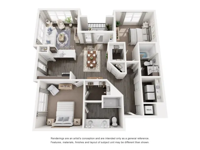 Two-bedroom, two-bath apartment floor plan featuring an open kitchen and dining area, large living room, walk-in closets, laundry area, and patio.